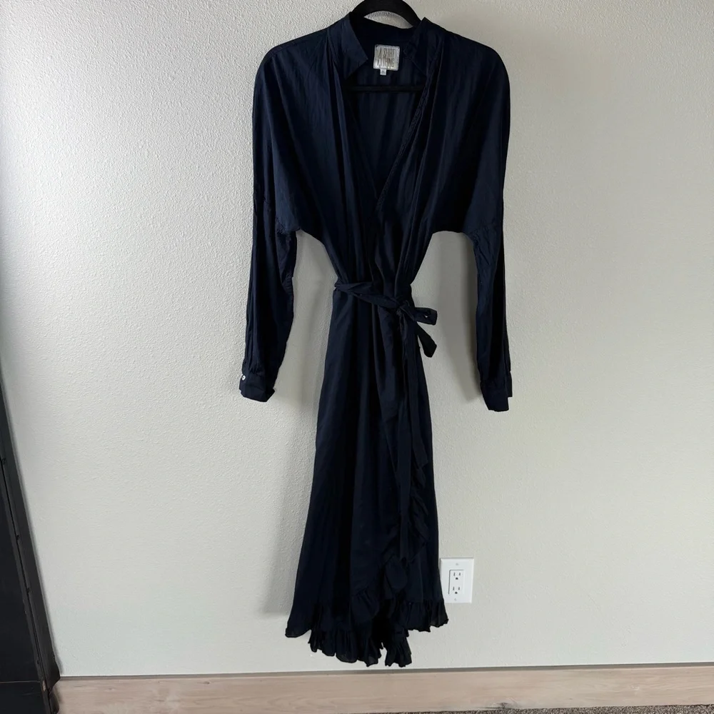 A Shirt Thing Navy Blue Wrap Midi Dress Cotton Casual Boho Minimalist Women M/L - Picture 3 of 15